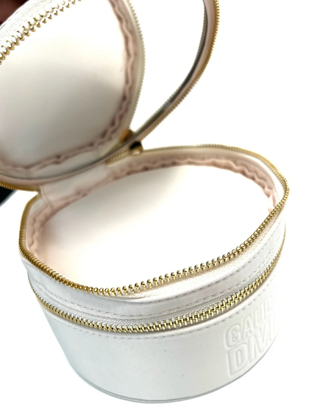 Gaultier Divine Vanity - Round Cosmetic Bag with Gold Accents in Cream